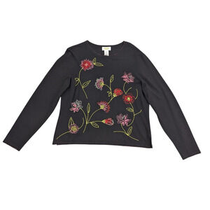 Talbots Sweater Womens XL Embroidered Beaded Floral Pullover Long Sleeve Top